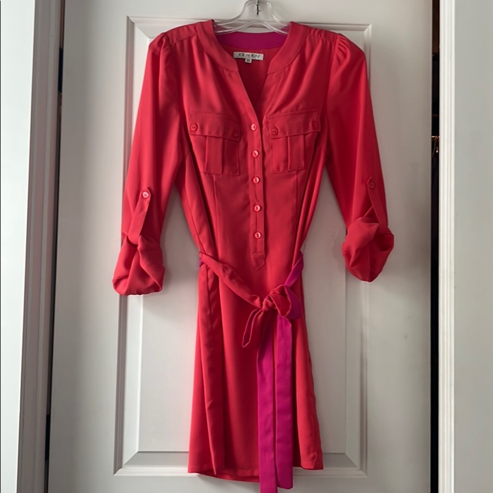 Orange and pink button dress with sash